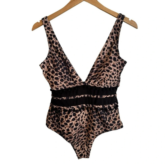 Pink Lily size Medium Leopard Print One Piece Swimsuit Mesh Pom Pom Trim Sexy - Picture 2 of 6